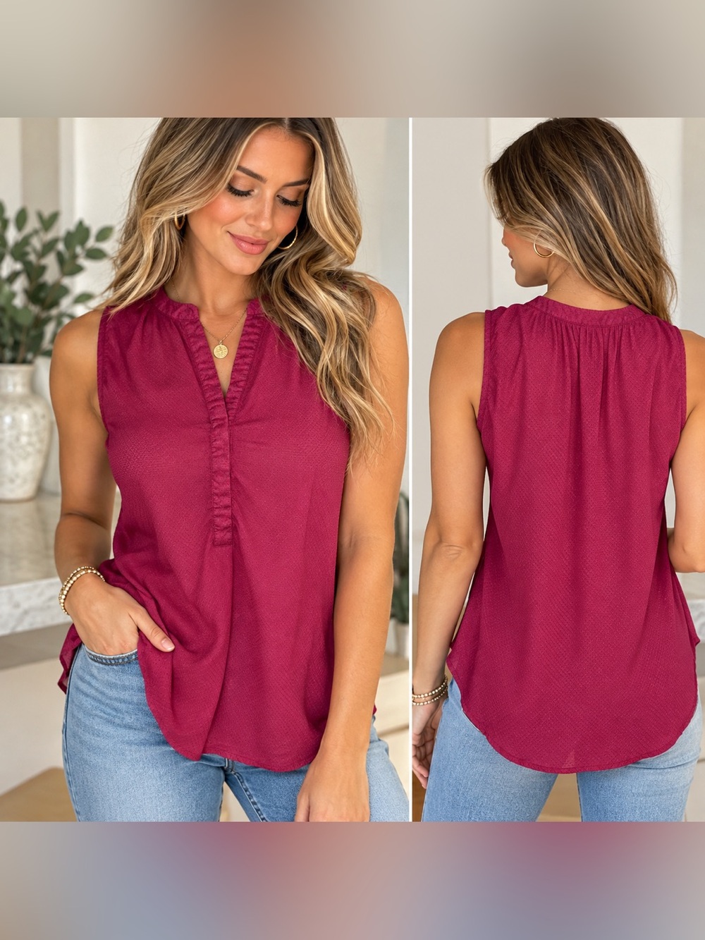 Lucky Brand Magenta Textured Sleeveless Blouse XS